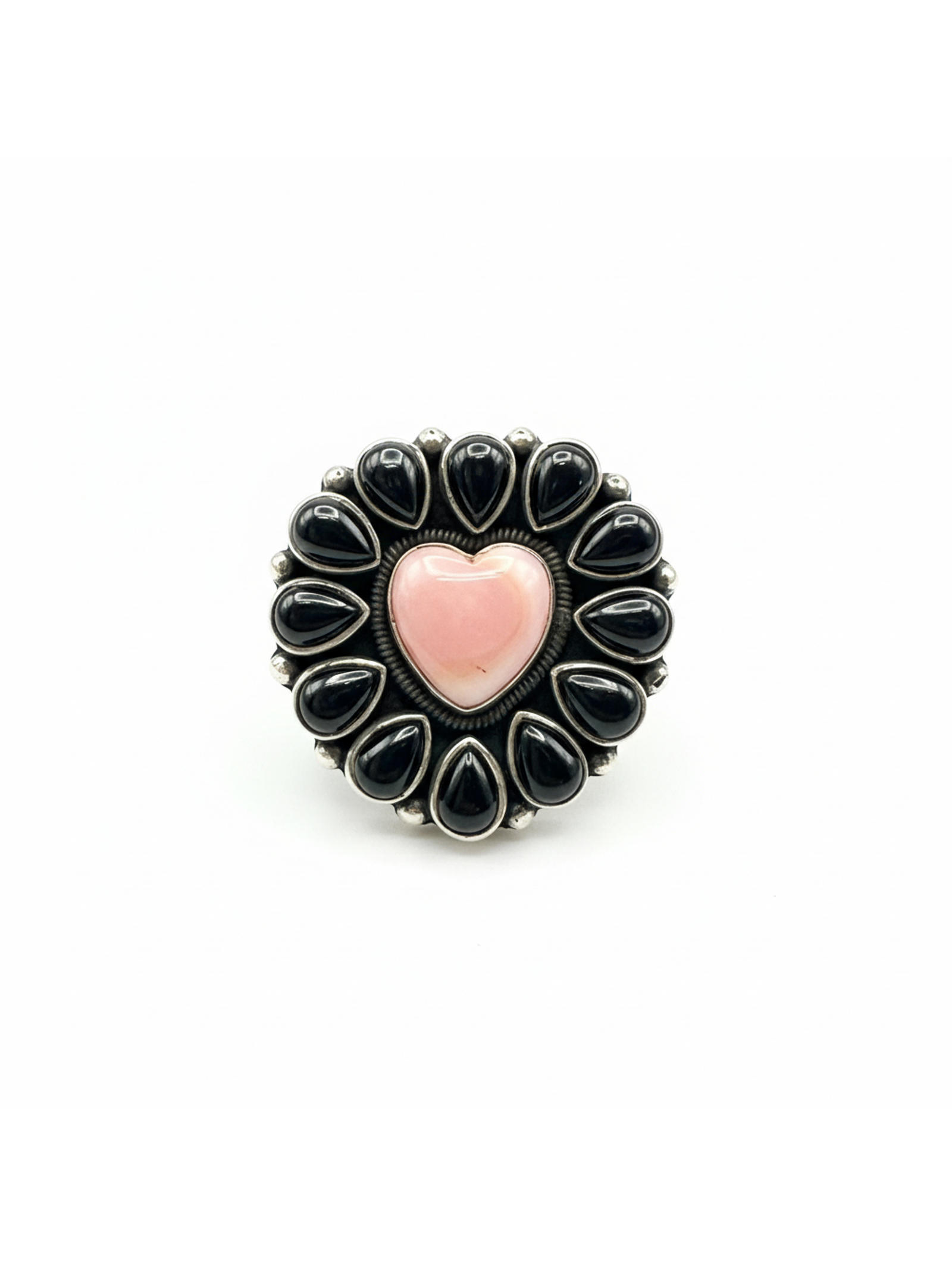Pink Conch Shell & Black Onyx Heart Ring - Sterling Silver 925 Size 7